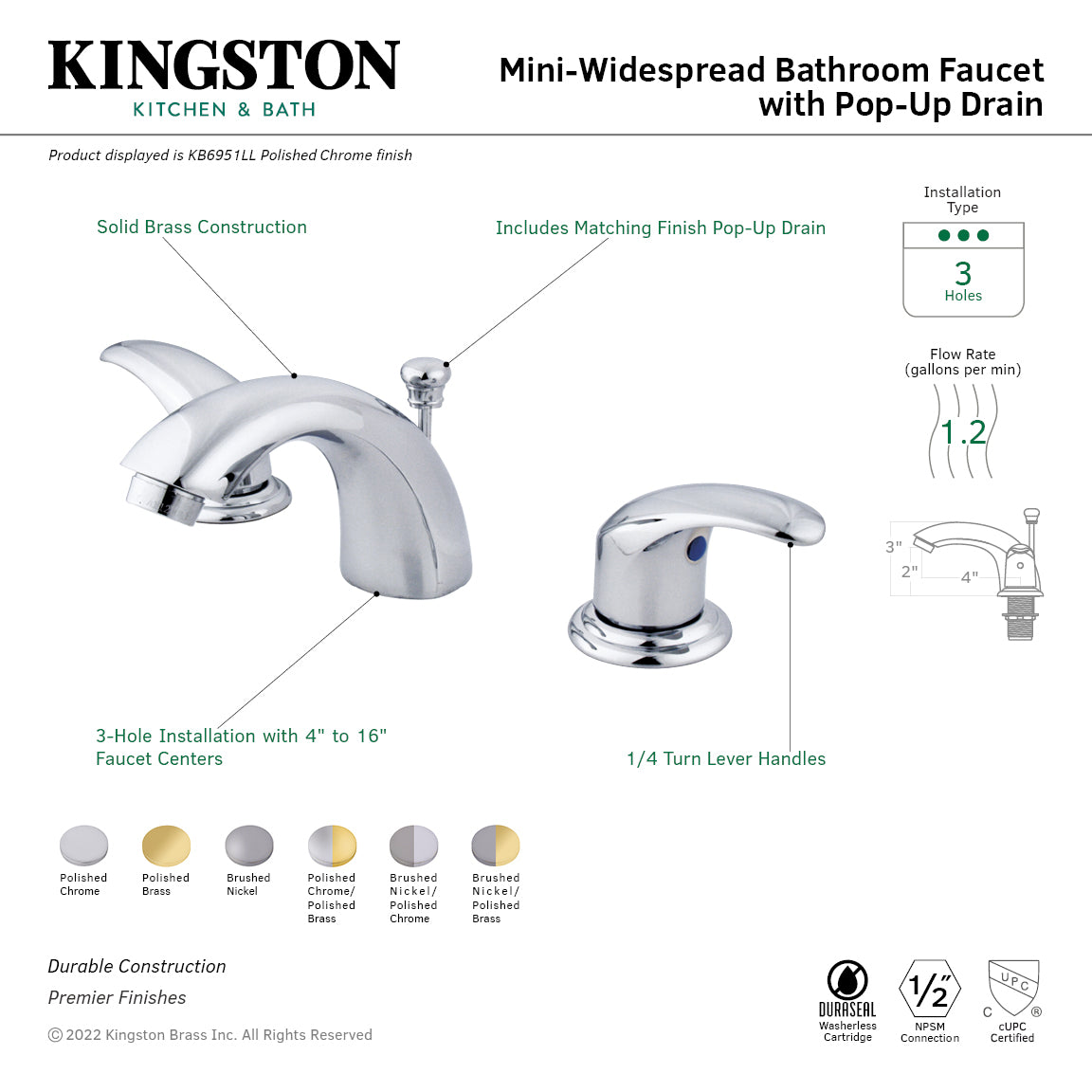 Kingston Tulare KB6959LL - Legacy Two-Handle 3-Hole Deck Mount Mini-Widespread Bathroom Faucet with Pop-Up Drain, Brushed Nickel/Polished Brass — thumbnail 2
